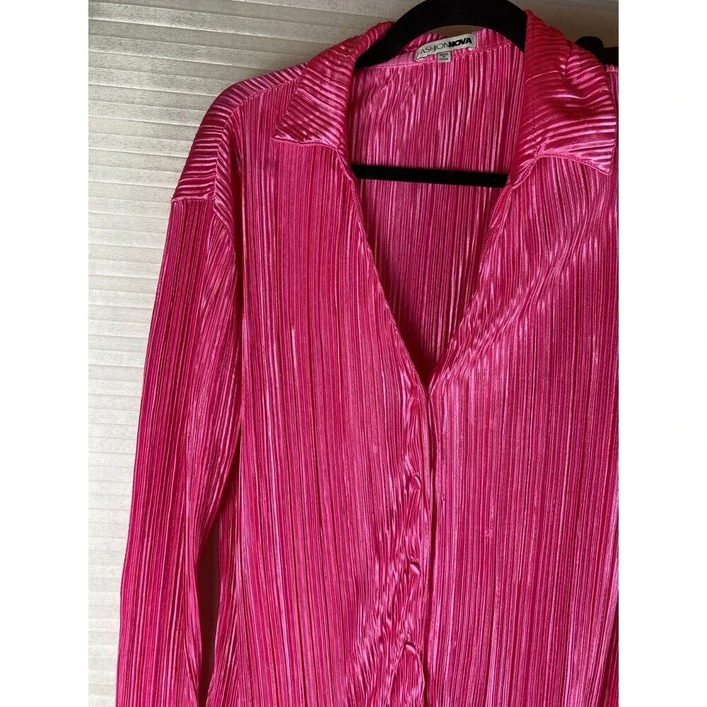 Fashion Nova 2pc Pants Top Sz S Pink Ribbed Long Sleeve Button Down V-Neck Sheer - Picture 2 of 16